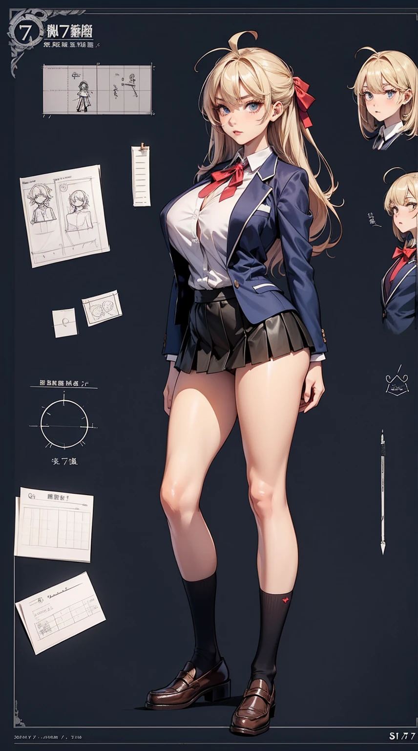 girl, alone, whole body, From head to toe, Are standing, (Huge_chest:1.3),
Character design sheet, Character Reference Sheet, 設計図のSchematic, Drafting, Blueprint, Schematic,
((Character design sheet:1.7, Character Reference Sheet:1.7,)),
anime/cartoon character wearing a girls , 1girl, alone, Thigh-high socks, blazer burezaa (blazer), Ahoge, Long Hair, bow, , shoes, loafers, ribbon, (Very short skirt:1.4), (panties:1.5),, (Good:1.5),In underwear:1.5,nsfw