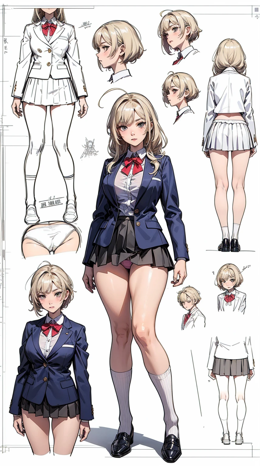 girl, alone, whole body, From head to toe, Are standing, (Huge_chest:1.3),

Character design sheet, Character Reference Sheet, 設計図のSchematic, Drafting, Blueprint, Schematic,
((Character design sheet:1.7, Character Reference Sheet:1.7,)),

anime/cartoon character wearing a girls , 1girl, alone, Thigh-high socks, blazer burezaa (blazer), Ahoge, Long Hair, bow, , shoes, loafers, ribbon, (Very short skirt:1.4), (panties:1.5),, (Good:1.5),In underwear:1.5,nsfw