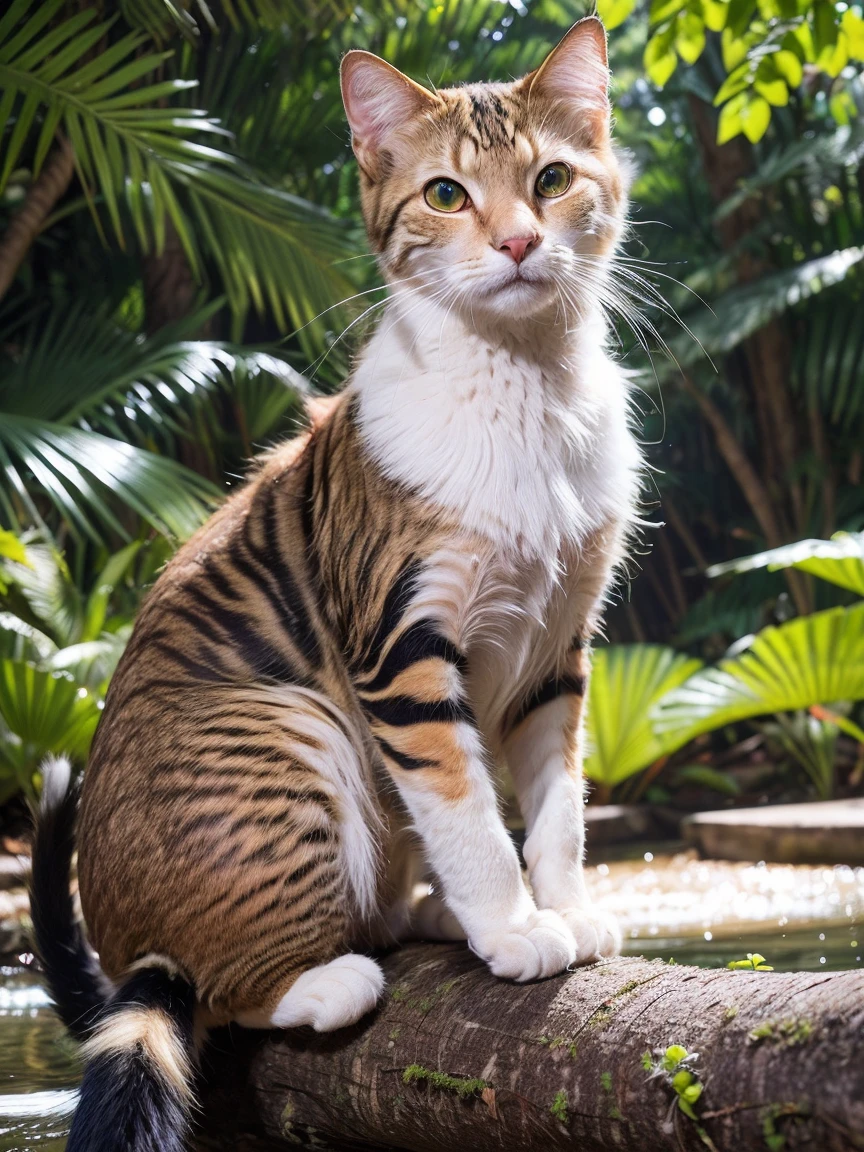 A majestic golden-eyed cat sits serenely beneath the sprawling canopy of a colossal tree, its gnarled branches stretching towards the sky like nature's own cathedral. The cat's fur glistens in the warm sunlight as it gazes out at the serene riverbank, where koi fish dart and weave through the rippling waters. Photorealistic textures render each leaf, blade of grass, and scales of the fish with unparalleled precision. Masterpiece-level detail illuminates every whisker, ear fold, and eyelash on this regal feline, set against a backdrop of breathtaking 8K resolution.