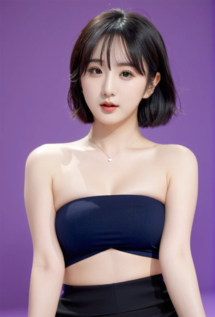 close-up of beautiful South Korean, Eunha is a VIVIZ South Korean pop girl group, age 27 years old girl, youthful face, perfect body, white body skin, medium-length cut, standard black hair, straight hair, flat bangs cut, 32 inches breasts size, wearing a plain standard dark blue strapless tube top, wearing a tight plain dark black mini short leggings, Eunha holding breasts with her own two hands is very sexy and sigh, Eunha squeezes the breasts very seductively, Eunha lowered her strapless tube top a little bit, Eunha does dance moves very sighing and seductive, the dance that Eunha does is very sexy and seductive, ((Eunha performed a very sexy and seductive dance in front of the audience)), ((Eunha gets horny when doing a seductive dance)), I held my hair delicately, then I held the scissors in my right hand, then cut my hair using the scissor tool while sighing and sexy, strand after strand of Eunha’s hair fell, pieces of Eunha’s hair now filled the floor around where she was sitting, strand after strand of Eunha’s hair fell down, pieces of Eunha’s hair now filled the floor around where she was sitting, ((Eunha cuts her own hair using a scissor)), ((Eunha looks sighing and teasing while cutting her own hair using a scissor)), ((the remaining hair pieces were scattered on the concert stage area place floor)), ((strand by strand of Eunha’s hair fell to the floor)), ((the remaining hair pieces fell under the floor), sexy looking pose, pose a naughty look, pose looks seductive, at the concert stage area place, concert stage area place background, UHD