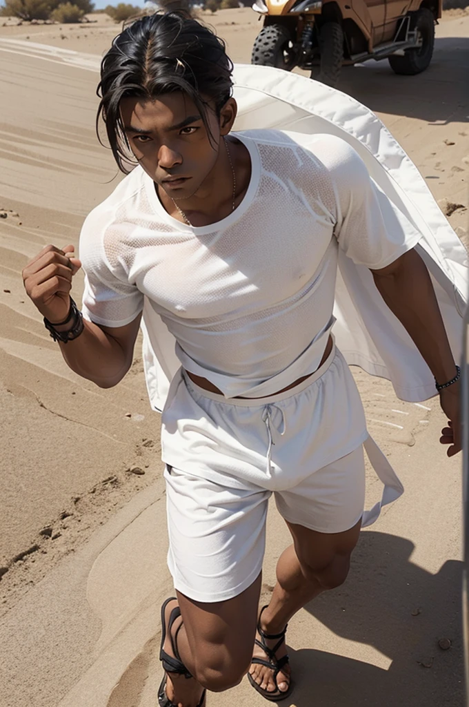 young man, not so high,Little Muscle, slightly dark skin, Desert scenery, light outfits, fighter, combat pose, wearing spartan sandals, white clothes, clothes covering the body, naughty man, RPG