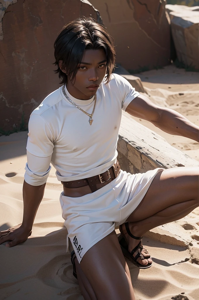 young man, not so high,Little Muscle, slightly dark skin, Desert scenery, light outfits, fighter, combat pose, wearing spartan sandals, white clothes, clothes covering the body, naughty man, RPG