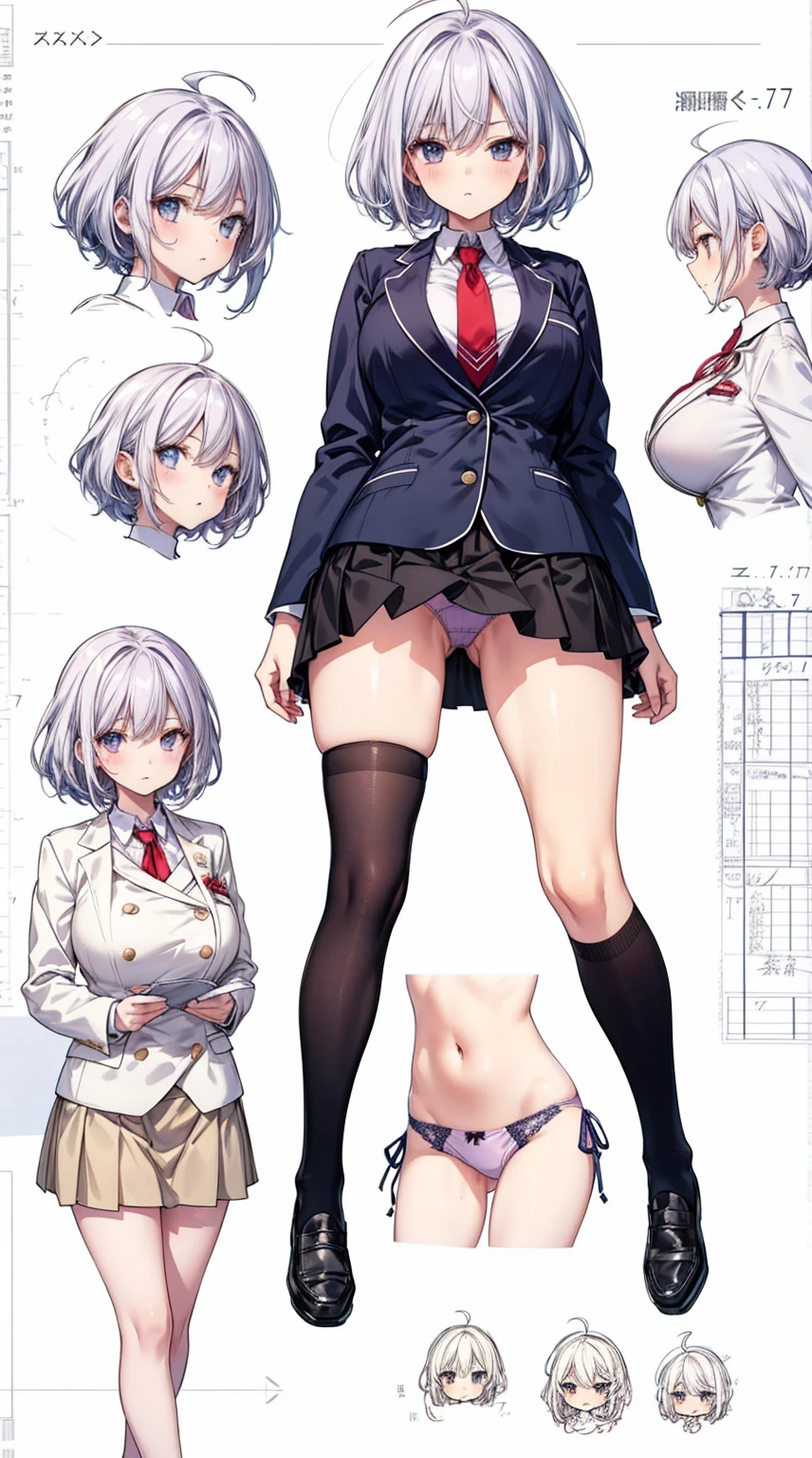girl, alone, whole body, From head to toe, Are standing, (Huge_chest:1.3),
Character design sheet, Character Reference Sheet, 設計図のSchematic, Drafting, Blueprint, Schematic,
((Character design sheet:1.7, Character Reference Sheet:1.7,)),
anime/cartoon character wearing a girls , 1girl, alone, Thigh-high socks, blazer burezaa (blazer), Ahoge, Long Hair, bow, , shoes, loafers, ribbon, (Very short skirt:1.4), (panties:1.5),, (Good:1.5),In underwear:1.5,nsfw