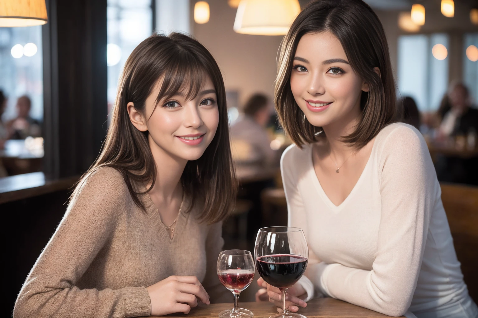 ((Highest quality、8K、masterpiece:1.3))、slimカップル、modelカップル、(Realistic, Intricate details:1.2), full-course dinner、Wine Party、Amazing view of the sunset sky and clouds、A bright smile、The wonderfulness of smile、Bright image、The beauty of wine, Beautiful Face, blue eyes, The light shines on your face, Blushing, short hair,Bright Face、 (Age 37), 39 years old, red wine 、Appetizers、Italian food、Wine bottle、Champagne、sparkling wine、Two beauties、Brown Hair、Shortcuts、Long sleeve shirt、dress、Beautiful woman 1, (slimな顔), (The body is slim), (Brown Hair), (Shortcuts), cheeks turn a little red,Attractive beauty、restaurant, In a prominent place (From the waist up) Nova Frog Style, actress, model, Upper Body, White wine, slim, wine glass, 中央に置かれたwine glass, smile, (smile: 1.15), Beautiful fine grain, Depth f/2,saturation, High Contrast, Strong light and shadow,Moist Body:1.5、3D texture、Delicate eyes、Brown Hair、The hair is very shiny、