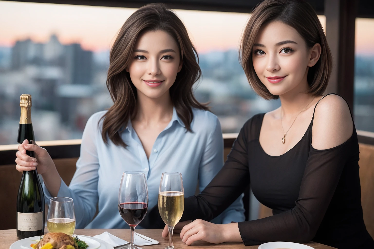 ((Highest quality、8K、masterpiece:1.3))、slimカップル、modelカップル、(Realistic, Intricate details:1.2), full-course dinner、Wine Party、Amazing view of the sunset sky and clouds、A bright smile、The wonderfulness of smile、Bright image、The beauty of wine, Beautiful Face, blue eyes, The light shines on your face, Blushing, short hair,Bright Face、 (Age 37), 39 years old, red wine 、Appetizers、Italian food、Wine bottle、Champagne、sparkling wine、Two beauties、Brown Hair、Shortcuts、Long sleeve shirt、dress、Beautiful woman 1, (slimな顔), (The body is slim), (Brown Hair), (Shortcuts), cheeks turn a little red,Attractive beauty、restaurant, In a prominent place (From the waist up) Nova Frog Style, actress, model, Upper Body, White wine, slim, wine glass, 中央に置かれたwine glass, smile, (smile: 1.15), Beautiful fine grain, Depth f/2,saturation, High Contrast, Strong light and shadow,Moist Body:1.5、3D texture、Delicate eyes、Brown Hair、The hair is very shiny、