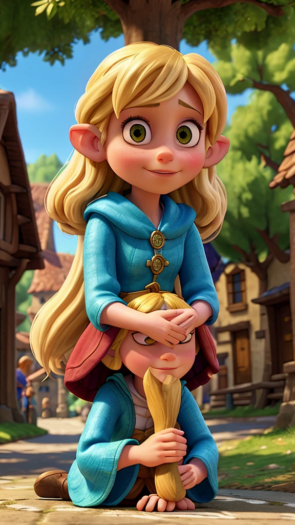 A elfo girl, resting in a street, under a tree, in a medieval street, she is peacefully, she is totally fine, pergect face, medieval drees, medieval scene , mysticism, high quality, HDR, 4k resolution, 3d modeling, realism, high texture and detailed. photo, illustration, 3d render, poster, cinematic, fashion