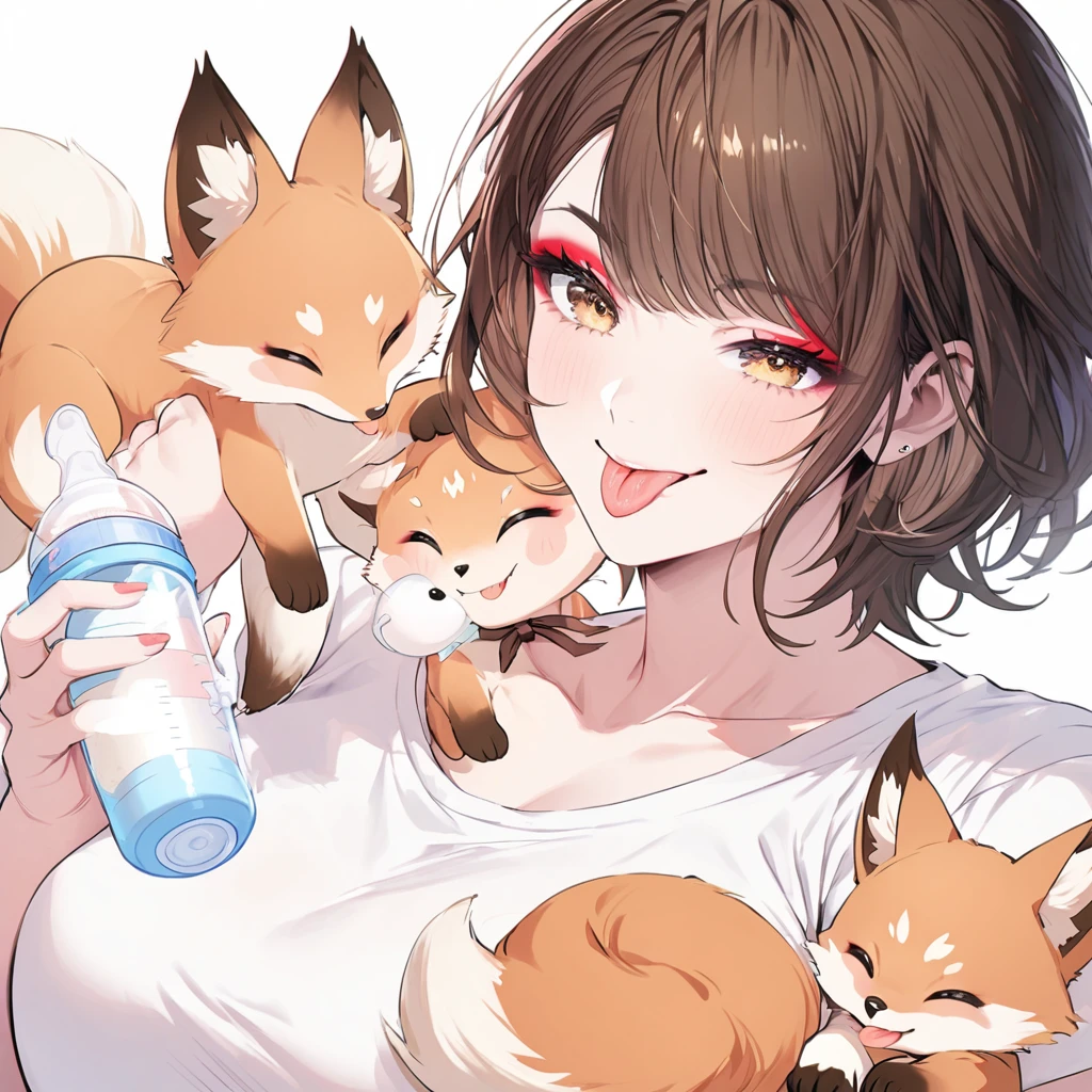 Pink hot pants, white T-shirt, brown hair, short hair, tongue out, smiling, baby bottle, baby fox, red makeup, adult woman