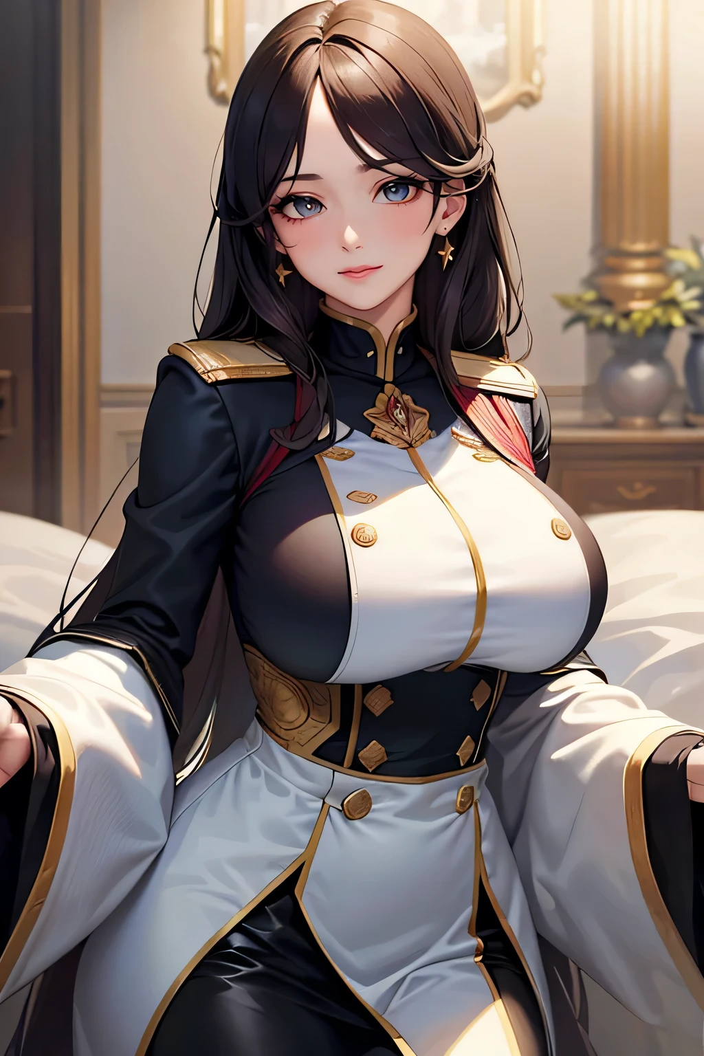 "(A perfect masterpiece:1.2), (Best Quality:1.2), A stunning face, uniform, Mature and fat, Large pupils, Bright Eyes, compensate, Long and luxurious eyelashes, Fuller lips, Irresistible charisma.", Huge breasts
