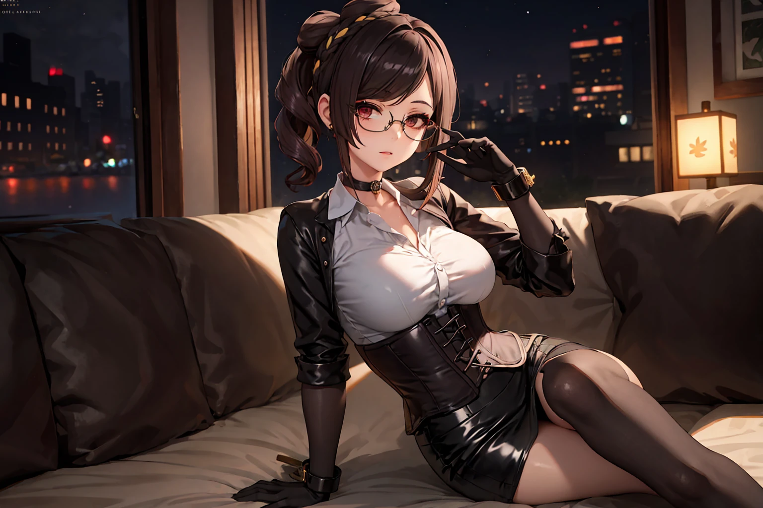 1 girl, Chiori \(genshin impact\), Alone, choker:1.6, White long sleeve shirt with long sleeve collar, black leather corset, black gloves that cover your hands, shiny black tight mini skirt, shackles, glasses, looking at the viewer,, inside, depth of field, expressionless, alley, at night