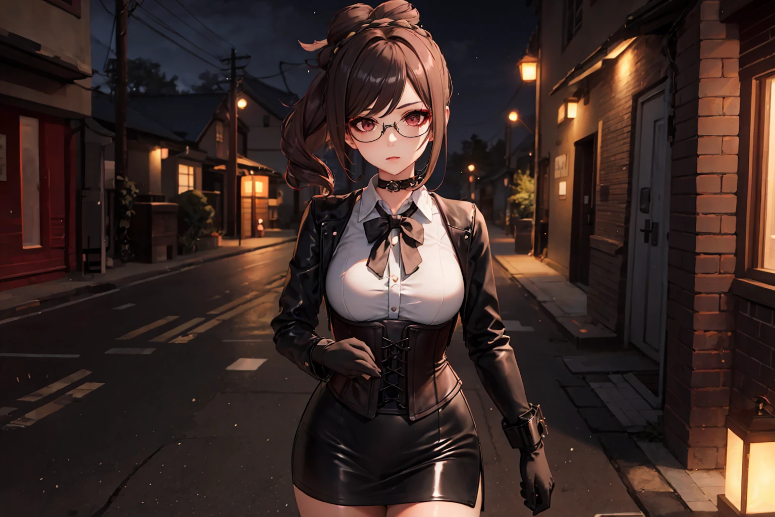 1 girl, Chiori \(genshin impact\), Alone, choker:1.6, White long sleeve shirt with long sleeve collar, black leather corset, black gloves that cover your hands, shiny black tight mini skirt, shackles, glasses, looking at the viewer,, inside, depth of field, expressionless, alley, at night