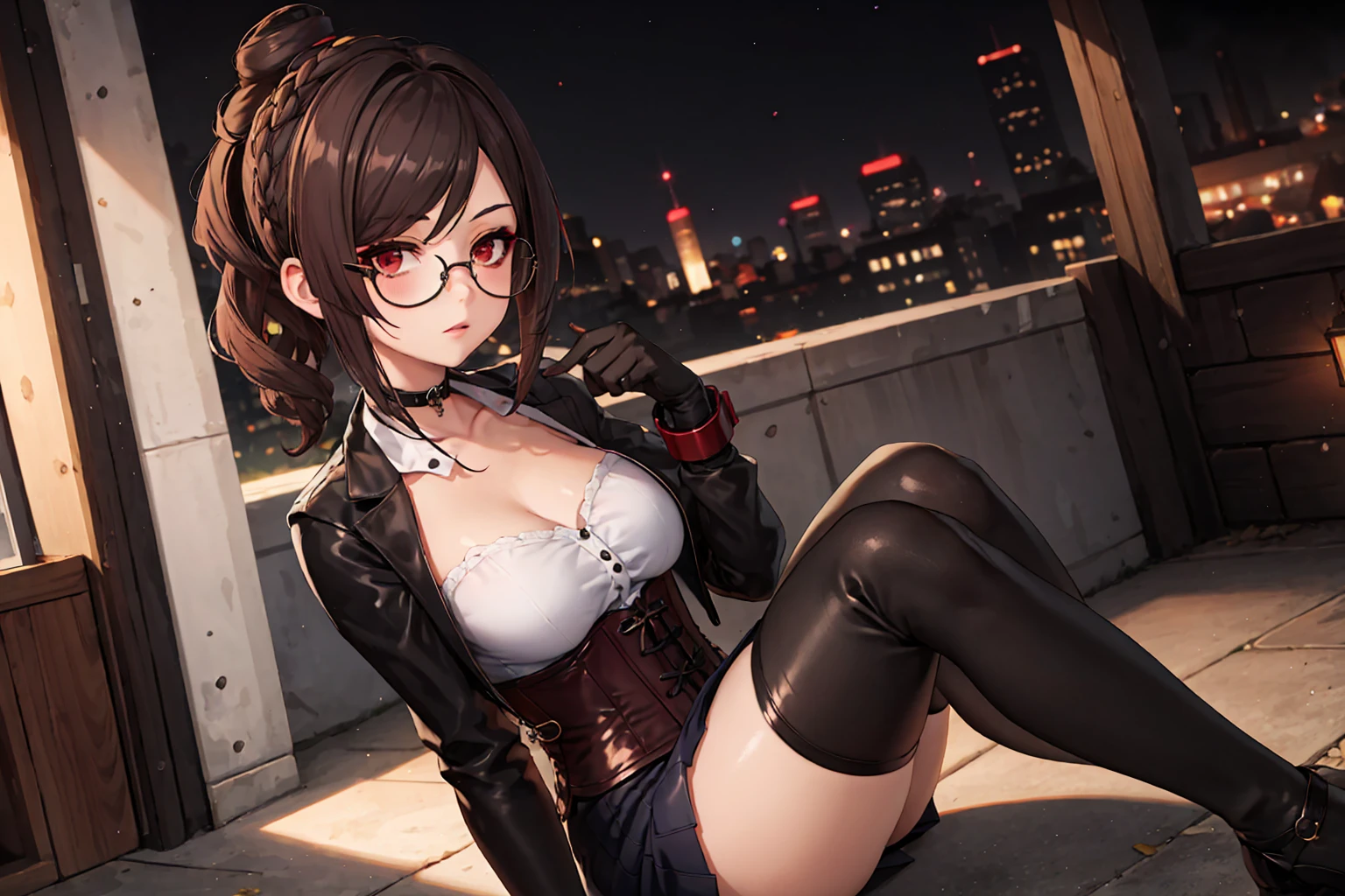 1 girl, Chiori \(genshin impact\), Alone, choker:1.6, White long sleeve shirt with long sleeve collar, black leather corset, black gloves that cover your hands, shiny black tight mini skirt, shackles, glasses, looking at the viewer,, inside, depth of field, expressionless, alley, at night