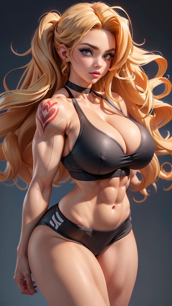 (beautiful detailed photo), (high quality image), (((woman with bodybuilder physique))), (((gorgeous face))), (((full plump lips))), (((beautiful eyes))), (((long curly blonde hair))), (very curly hair), (((big hair))), (((huge muscles))), (((massive bodybuilder muscles))), (((huge bulging muscular torso))), (((huge muscular laterals))), (((defined toned abs))), (((strong defined arms))), (((big muscular arms))), (((big breast))), (((big broad wide shoulders))), (((huge broad wide muscular shoulders))), (((huge broad muscular shoulders))), (((thin skinny thighs))), (((skinny legs))), (((tattoo on arm))), (((exposed cleavage))), ((sexy sports bra)), ((sexy spandex shorts)), (choker), (((sexy pose))), (full body view)