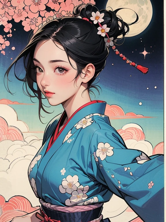 (masterpiece, Highest quality,High resolution, Official Art), (One girl), Bright and vivid color patterns in Japanese clothing、Black hair in a Japanese round topknot,Traditional Japanese patterned fabric, (Dynamic movements),(Shiny skin),  ( Ukiyo-e background,moon,flower,cloud )