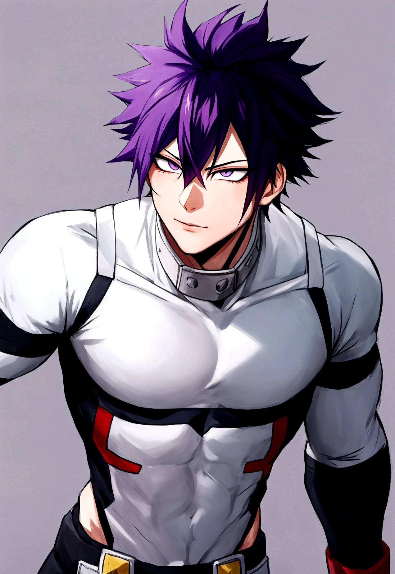 Male character in the style of the anime my Hero Academia with purple hair, pale complexion and gray eyes