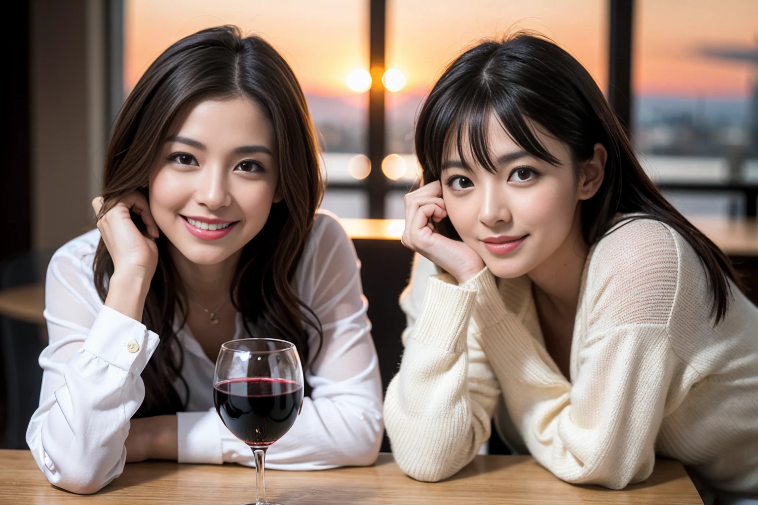 ((Highest quality、、masterpiece:1.3))、1 male、1 female、37 years old 39 years old、Slim Beauty、Beautiful couple、Upper Body、smile、 (Slim face), (the body is スリム), (Brown Hair), (Shortcuts), テーブルのフルコースディナーとwine glass、Amazing view of the sunset sky and clouds、smileの美しさ、Wine bottle、sparkling wine、Long sleeve shirt、dress、White wine, red wine, wine glass, Beautiful fine grain, Depth f/2,saturation, High Contrast, Strong light and shadow,Moist Body:1.5、3D texture、The hair is very shiny、