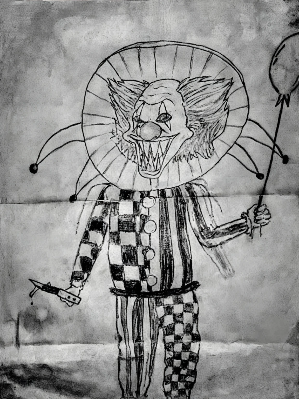 drawing of a clown with a balloon and a knife, scary clown, skull clown inside a circus, by Maxwell Bates, dead clown, the clown is far from the camera, bozo the clown. circus motif, cutecore clowncore, clown, inspired by Roger Ballen, skull clown, portrait death clown, drawn on white parchment paper, pennywise style