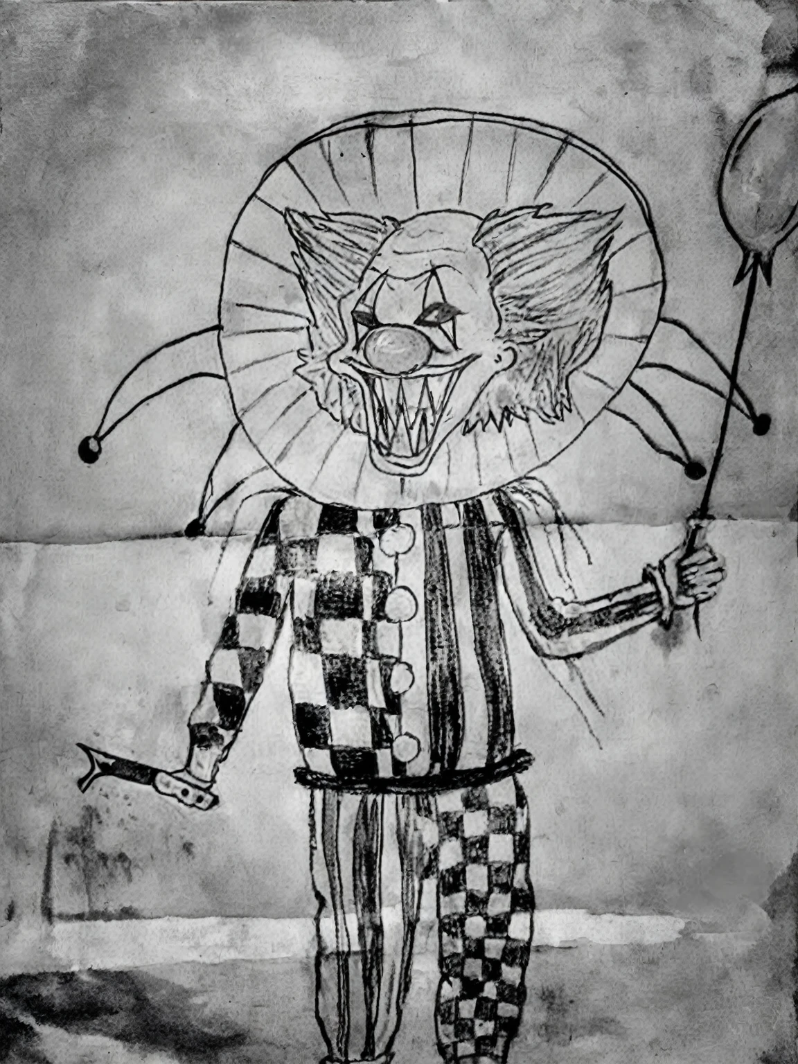 drawing of a clown with a balloon and a knife, scary clown, skull clown inside a circus, by Maxwell Bates, dead clown, the clown is far from the camera, bozo the clown. circus motif, cutecore clowncore, clown, inspired by Roger Ballen, skull clown, portrait death clown, drawn on white parchment paper, pennywise style