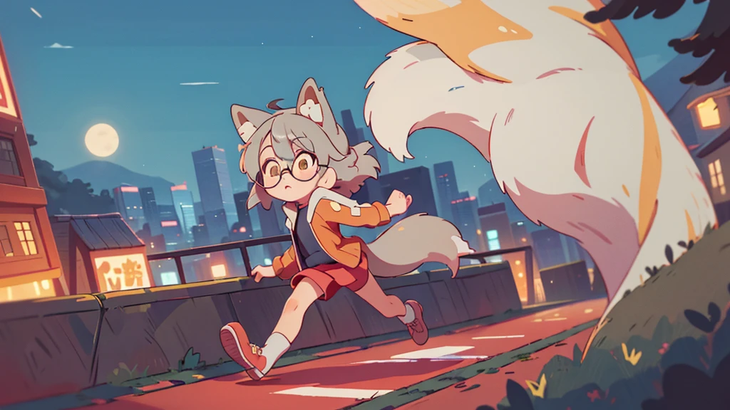 masterpice, 2D, anime girl with fox ears and tail, track jacket, red rimmed glasses, eyes yellow, cute, gray hair, wandering in the night city