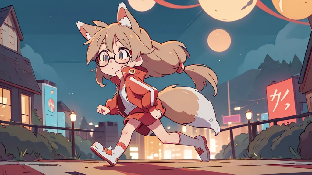 masterpice, 2D, anime girl with fox ears and tail, track jacket, red rimmed glasses, eyes yellow, cute, gray hair, wandering in the night city