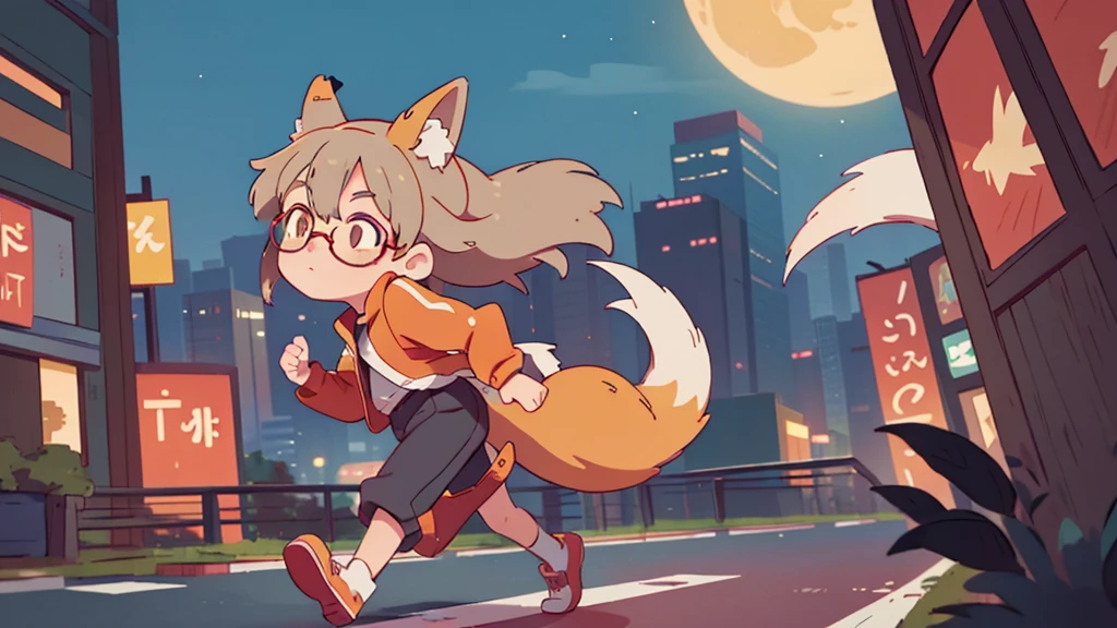 masterpice, 2D, anime girl with fox ears and tail, track jacket, red rimmed glasses, eyes yellow, cute, gray hair, wandering in the night city