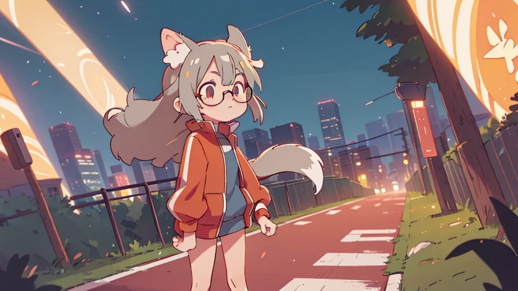 masterpice, 2D, anime girl with fox ears and tail, track jacket, red rimmed glasses, eyes yellow, cute, gray hair, wandering in the night city