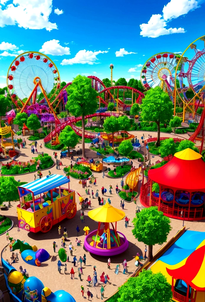 Create a high-quality, realistic 3D image. The scene should portray a vibrant and happy amusement park, highlighting colors and details that will please children aged 0 to 12. The image should include elements such as colorful park toys, ferris wheel, games tent, popcorn cart. treasure hunt theme. This image will be used as the backdrop for a children's treasure hunt show, so it should be lively and engaging.