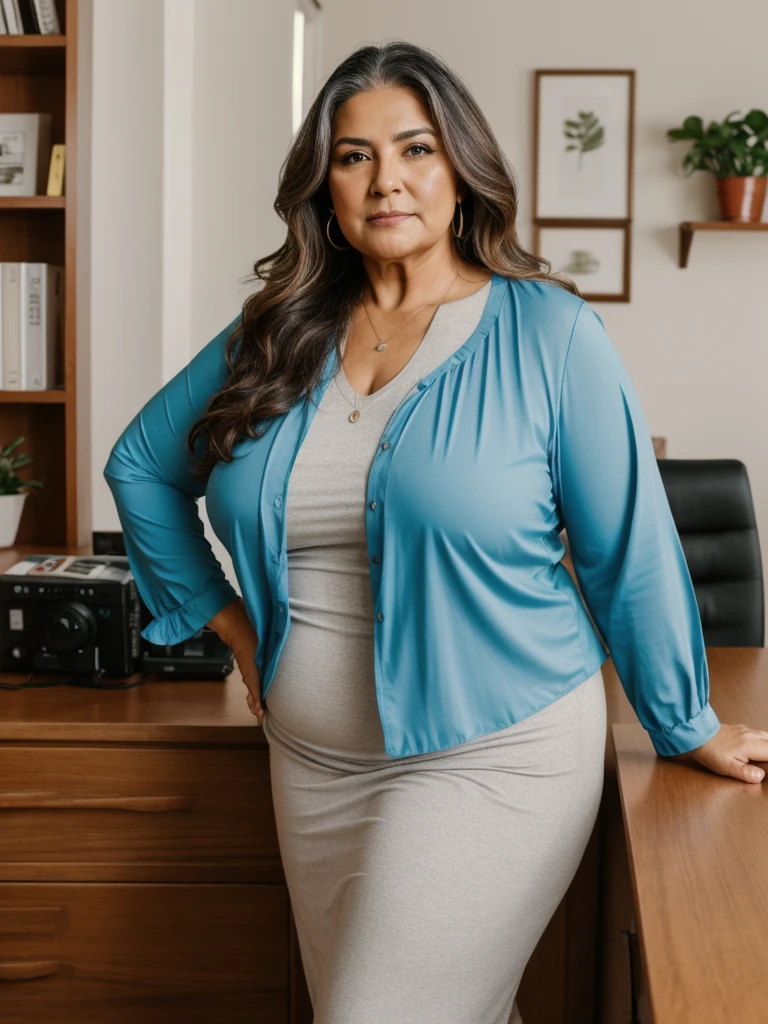 RAW PHOTO, her name is Alejandra, high quality, 1 old woman, ((58-year-old plus sized body latina woman)), (((58 years old))), ((plus sized)), ((chubby body)), ((wrinkled body)), (((old body))), ((long hair)), wearing stylish fashionable office wear different colored, POSE: dynamic pose, BREAK, BACKGROUND: indoor:  film grain
