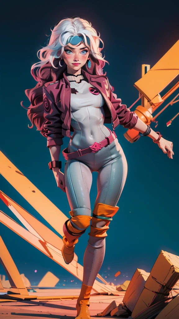 supermodel physique, perfect body, perfect clear skin, ultrarealistic, hyperrealism, photorealistic, ultra quality, masterpiece, high quality, beautiful, sexy face, pretty, slightly toned, fit, supermodel build, 3/4 body view, sexy waist, sexy hips, perfect legs, thigh gap, rogue, 1girl, solo, blush, wavy hair, multi colored hair, pink and grey top, pink and grey bottom, dynamic angle, high quality eyes, beautiful eyes