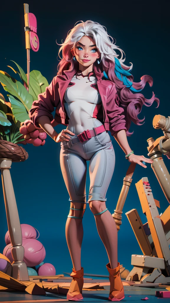 supermodel physique, perfect body, perfect clear skin, ultrarealistic, hyperrealism, photorealistic, ultra quality, masterpiece, high quality, beautiful, sexy face, pretty, slightly toned, fit, supermodel build, 3/4 body view, sexy waist, sexy hips, perfect legs, thigh gap, rogue, 1girl, solo, blush, wavy hair, multi colored hair, pink and grey top, pink and grey bottom, dynamic angle, high quality eyes, beautiful eyes