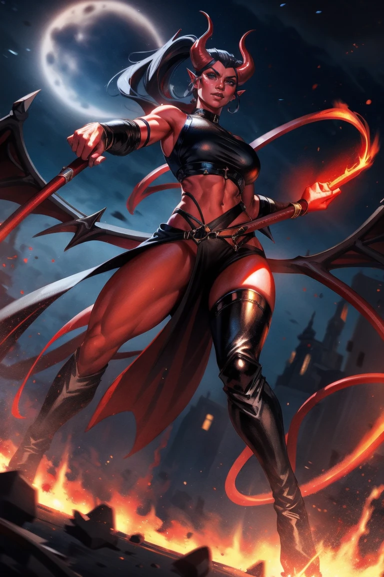 Red skin succubus tiefling, medium breasts, black horns, wings, huge tail, black leather, crop top, long flowing pelvic curtain, tall, toned, graceful, thin, long black ponytail. Action scene, whip. Dark scene, explosions, night sky.