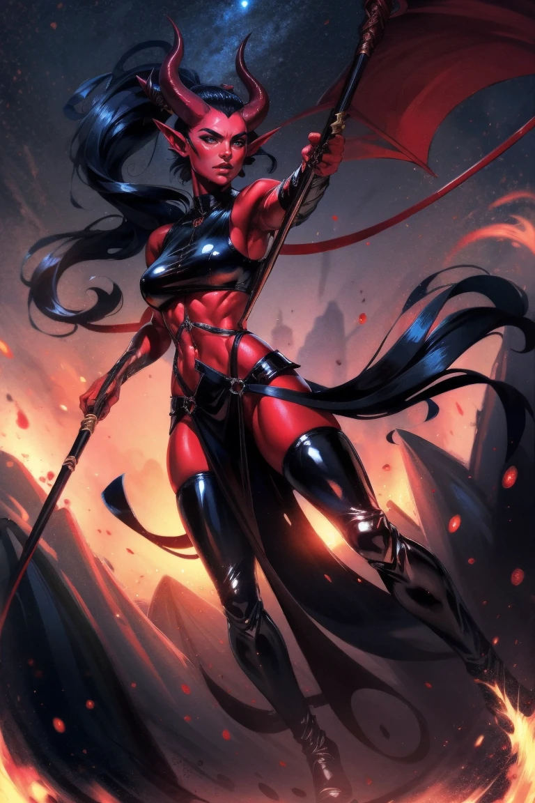 Red skin succubus tiefling, medium breasts, black horns, wings, huge tail, black leather, crop top, long flowing pelvic curtain, tall, toned, graceful, thin, long black ponytail. Action scene, whip. Dark scene, explosions, night sky.