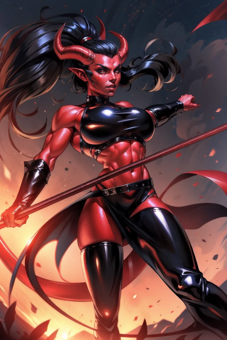 Red skin succubus tiefling, medium breasts, black horns, wings, huge tail, black leather, crop top, long flowing pelvic curtain, tall, toned, graceful, thin, long black ponytail. Action scene, whip. Dark scene, explosions, night sky.