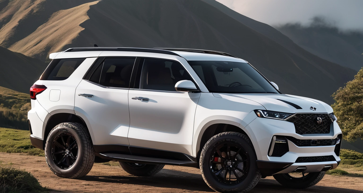 White SUV, Aesthetic, Extremely detailed, Bird&#39;s-eye view，Car side，Wide Angle，a car, Rapid acceleration on the highway, dusk,Beautiful fantasy photos，Complex details，Amazing, Produced by WETA FX and Industrial Light &amp; Magic, Sophisticated RTX-enhanced CGI rendering