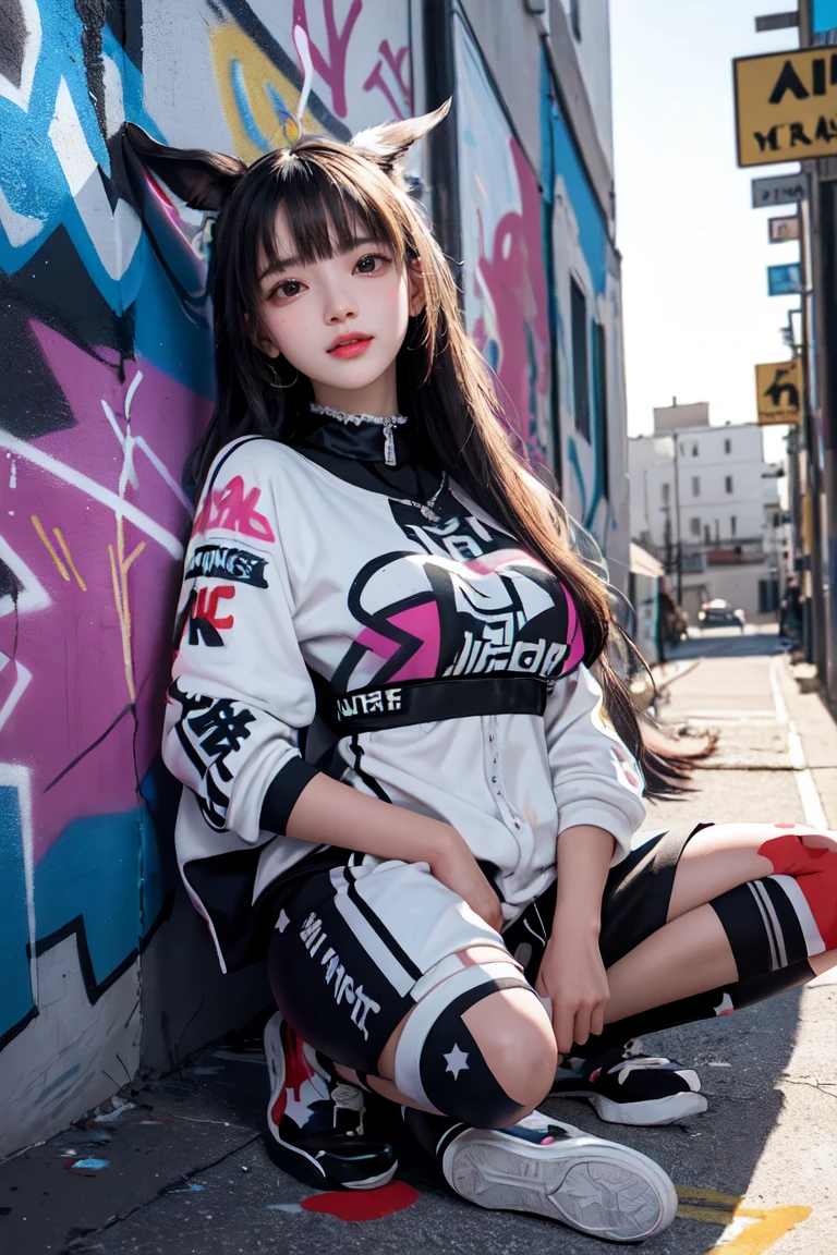 (Highest quality), masterpiece, Extremely detailed CG8K Painting, High collar, Extremely High collar saturation, All colors become darker, Painting, Graffiti art, center composition, Highly detailed lights and shadows, Graffiti wall, the walls are painted in bright colors, A girl's graffiti A girl is staring at the wall, The face and eyes are very detailed, Medium length hair, Sportswear, Multicolored clouds