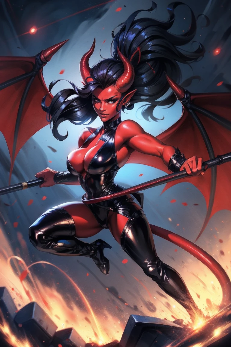 Red skin succubus tiefling, medium breasts, black horns, wings, huge tail, black leather, tall, athletic, graceful, thin, long black ponytail. Action scene, whip. Dark scene, explosions, night sky.