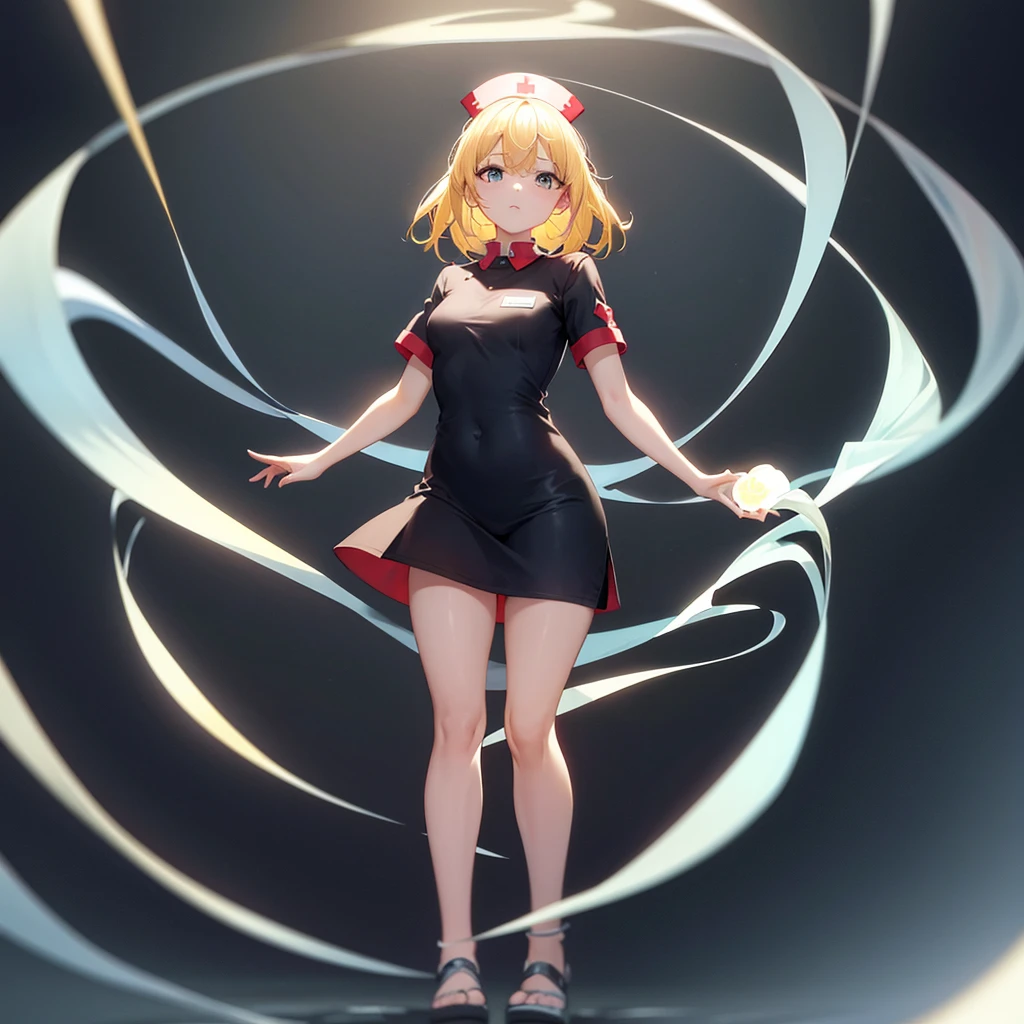 ((nurse)),(Revealing clothing),Cute little ,Tiny ,Small girl,,Childish face, Very fine clean face,Top quality,Straight Hair,Yellow hair,(Dark Room), Subtle light, Natural light,Soft lighting,Light from directly behind,(Open your hands), (Are standing),Front view,Black background