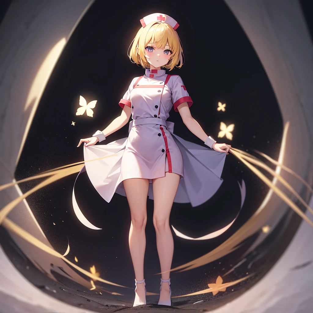 ((nurse)),(Revealing clothing),Cute little ,Tiny ,Small girl,,Childish face, Very fine clean face,Top quality,Straight Hair,Yellow hair,(Dark Room), Subtle light, Natural light,Soft lighting,Light from directly behind,(Open your hands), (Are standing),Front view,Black background