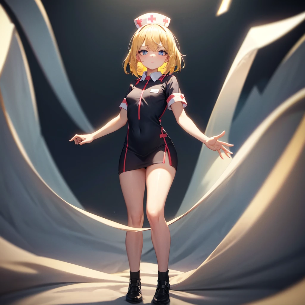 1girl, anime character with blonde hair, one blue eye and one red eye, bunny girl outfit, wearing white face mask with shark teeth on it, holding a baseball bat over her shoulder