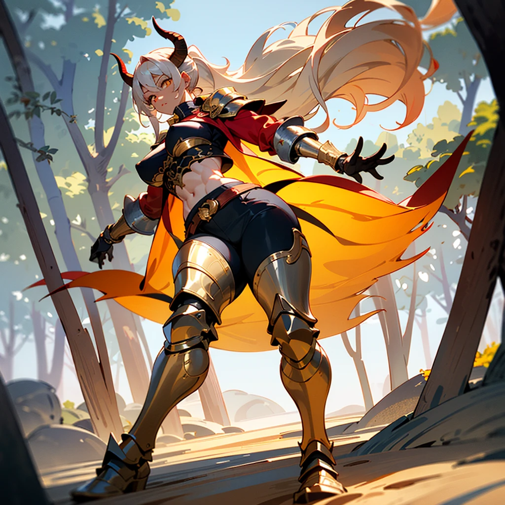 ((best quality)), ((masterpiece)), (detailed), 1girl, off-shoulder sweater, 8k_wallpaper, extremely detailed eyes, extremely detailed body, (large masterpiece digital art), ((perfect anatomy huge chest)), (intricate details:1.3), (ultra-detailed:1.3), (sharp focus:1.3), (natural lighting:1.05), (vivid colors:1.3), (best quality:1.4), high quality, expressive eyes, full body, tall girl, detailed face, beautiful face, perfect face, detailed ((sand hair)), (gold eyes), ((big red horns)), {{dark skin}}, ({dark skinned female}), gigantic breasts, thick thighs, a young Korean woman, (with golden eyes), (ponytail sandy lush hair), {tanned dark bronze skins), powerful sculpted leg muscles, powerful sculpted arm muscles, powerful sculpted abdominal muscles, sculpted thigh muscles, wears a red coat with rolled up sleeves, gold-colored steel heavy armor, a wide red leather belt with silver thread, leather pants with steel thigh guards, leather steel gloves, walking through the forest, trees with blue foliage and white flowers,