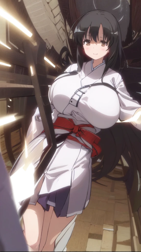 Girl in Priestess Uniform, kasumi iwato ,Outfit with open chest, Shoulder-exposing sleeves, Short hakama, Kasumi Iwato, smile, looking at viewer, (Huge Breasts:1.8), Inside Japan house, Close-up from the waist up,