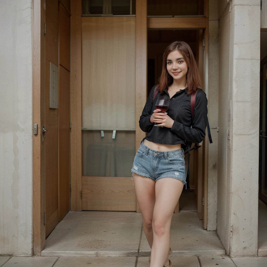 walking through the university, black denim shorts and wine-colored blouse, with his backpack, smiling, flirty face