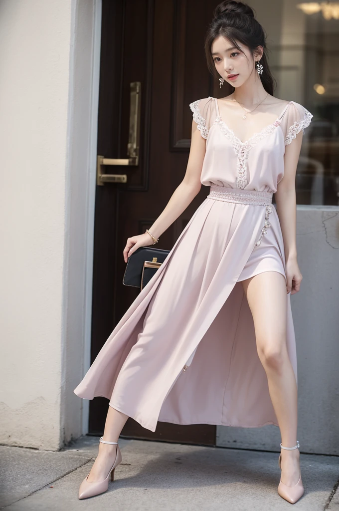 Ladies&#39; style dressing should show fashion sense，Here are some suggestions you can follow:：

Selection of color：Ladies style is usually soft、Elegant colors，Like pink、Blue、Beige or white。These colors not only look gentle，It can also enhance the overall sense of luxury。
Material selection：Choose soft、Comfortable material，Chiffon、Silk or cotton。These materials can show the femininity of women.，It also has good skin affinity。
Style Matching：You can choose a dress or skirt with a simple top。A-line skirts or high-waisted skirts can well show the elegant temperament of ladies。Tops can be lace or with detailed embellishments.，Increase the feminine beauty。
Accessories：Simple accessories can enhance the fashion sense of the overall shape。Like small earrings、Thin leather belt or simple bracelet。Avoid overly exaggerated accessories，So as not to steal the show of clothing。
Shoe selection：High heels or simple flats are a good match for ladylike style。They are not only comfortable，It can also enhance the elegance of women。
Bag Selection：Choose a simple and elegant handbag or crossbody bag。The color and style of the bag should be coordinated with the clothing，Avoid overly fancy designs。