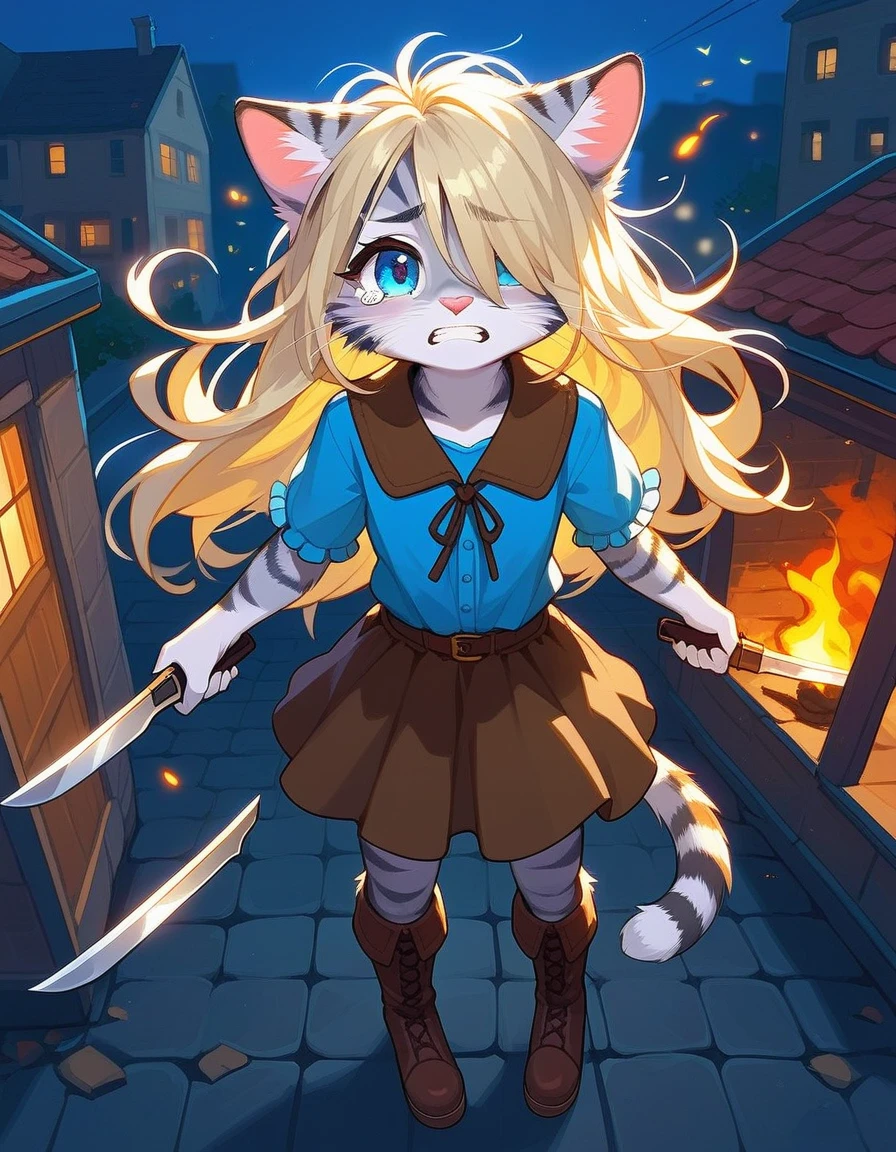 Solo, score_9,score_8_up,score_7_up, source_cartoon, kat, Anthro furry feline, female, short slender body, long blonde hair, long messy hair, hair covering one eye, pink nose, blue eyes, white whiskers, silver fur, grey stripes, furry body, short, young, about , wearing ruffled blue blouse, brown skirt, standing, sad, furrowed eyebrows, clenching teeth, tearing up, pov, looking up, in a destroyed village, night time, full body shot, brown boots, holding a knife with both hands, a burning building behind her, Birds Eye view,