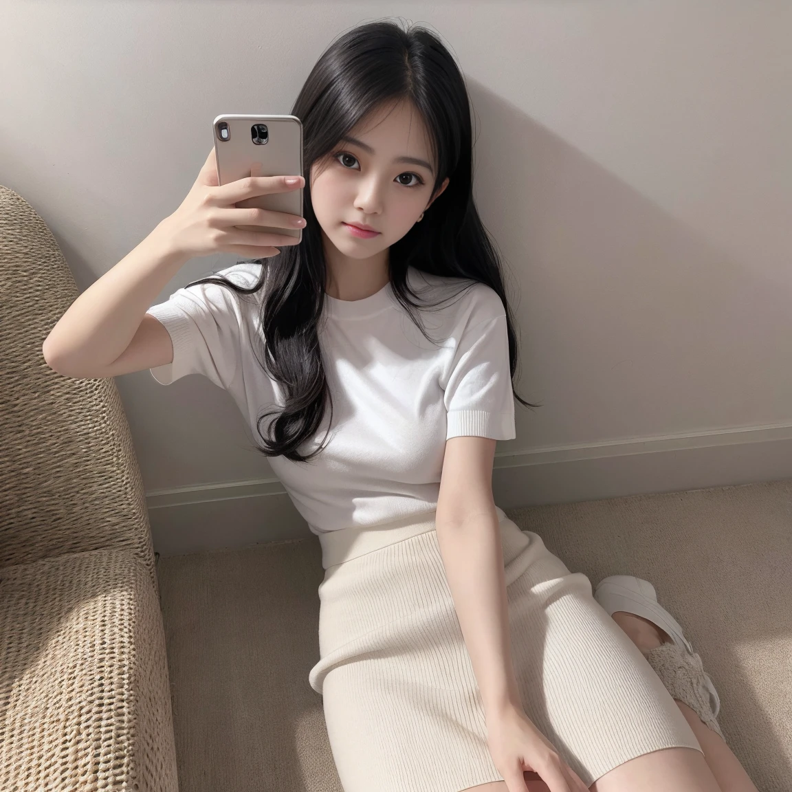 Flying debris、Highest quality、Super quality、got it、High resolution、8k wallpaper、Perfect dynamic composition、(((Esbian all over)))、((From below))、Cute 20 year old girl、Beautiful face in every detail、Delicate and cute eyes、Fine skin、My cheeks are red.、(Wavy black hair)、Thin legs、Generate it on the eaves、Taking a selfie with a mobile phone、room、wearing short sleeve knitwear、Wear a skirt、White Background、I can see your pants、Panty shot