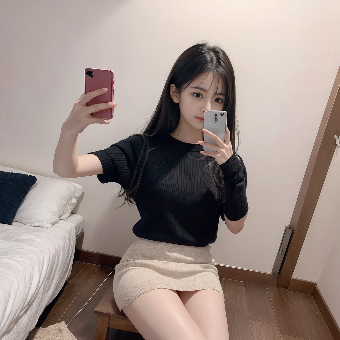 Flying debris、Highest quality、Super quality、got it、High resolution、8k wallpaper、Perfect dynamic composition、(((Esbian all over)))、((From below))、Cute 20 year old girl、Beautiful face in every detail、Delicate and cute eyes、Fine skin、My cheeks are red.、(Wavy black hair)、Thin legs、Generate it on the eaves、Taking a selfie with a mobile phone、room、wearing short sleeve knitwear、Wear a skirt、White Background、I can see your pants、Panty shot
