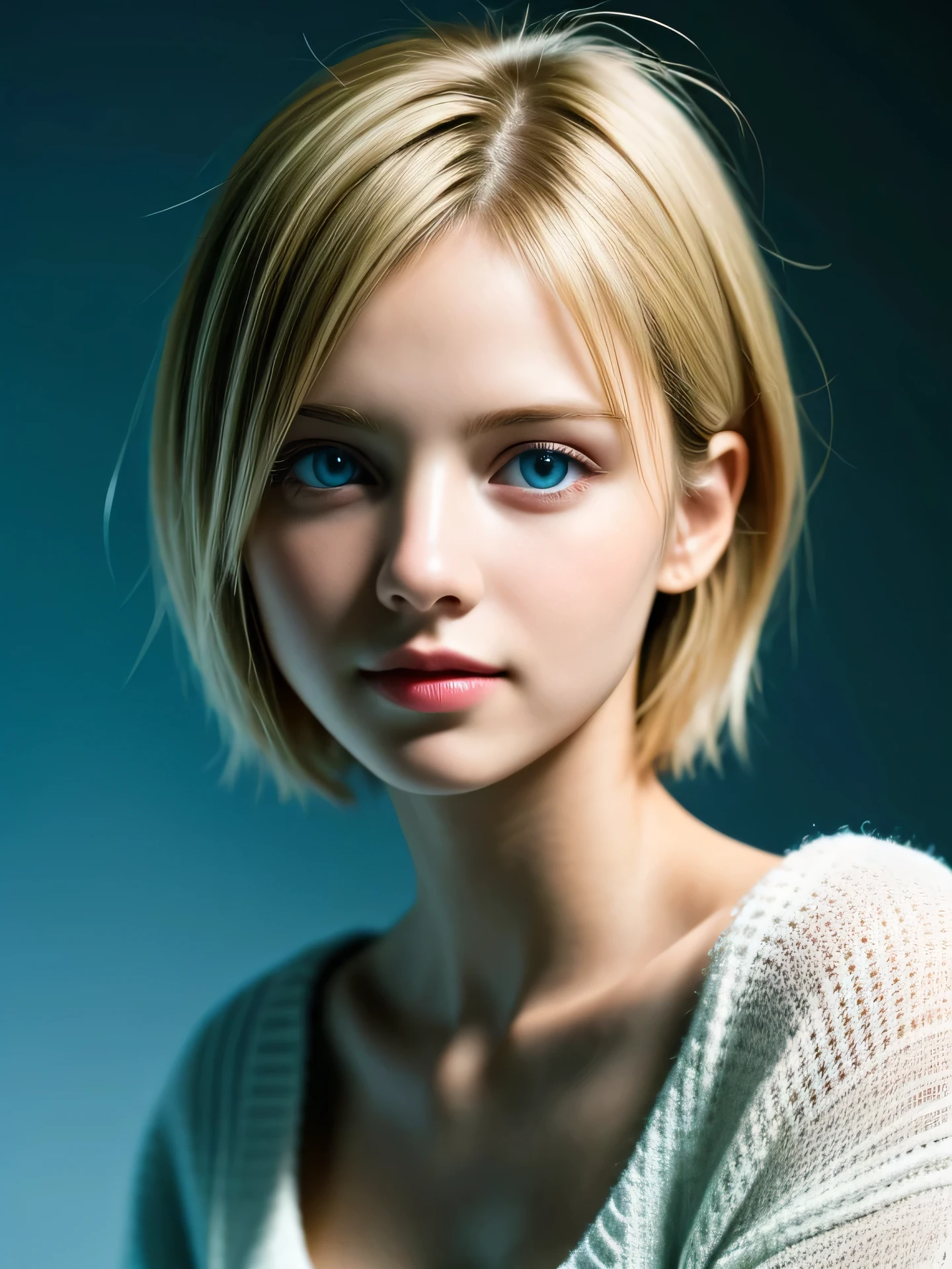 (Photo Real:1.4), (hyper realisitic:1.4), (Smooth lighting:1.05), 1 girl, ager, blue eyes, happy, shy, smile, (looking away:1.2), Close-up of the face, Soft lighting, Back lighting, (Finest Real Textured Skins), Super fine face, glowy skin, retinas, Anatomically correct, (Blonde short Hair:1.1), bangs, Textured skin, High quality, high details, Best Quality, High resolution, sweater