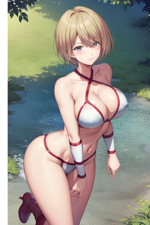 masterpiece, best quality, beautiful art, high resolution, well formed hands, body and fingers, 1 woman, solo, Houou Akane, blonde, full body , grown up, adult, huge and round breasted, cleavage, hair ornament, wearing a Tyris Flare outfit , white_bikini, full body, sexy and skimpy bikini, red boots, gorgeous hips, legs and thighs bouncing breasts, doing exercise, warming up, working out, sexy and captivating training, smiling joyfully and happily , looking at the viewer, panties peek, sweating , bouncing breasts, t back thong, training montage session, beach environment