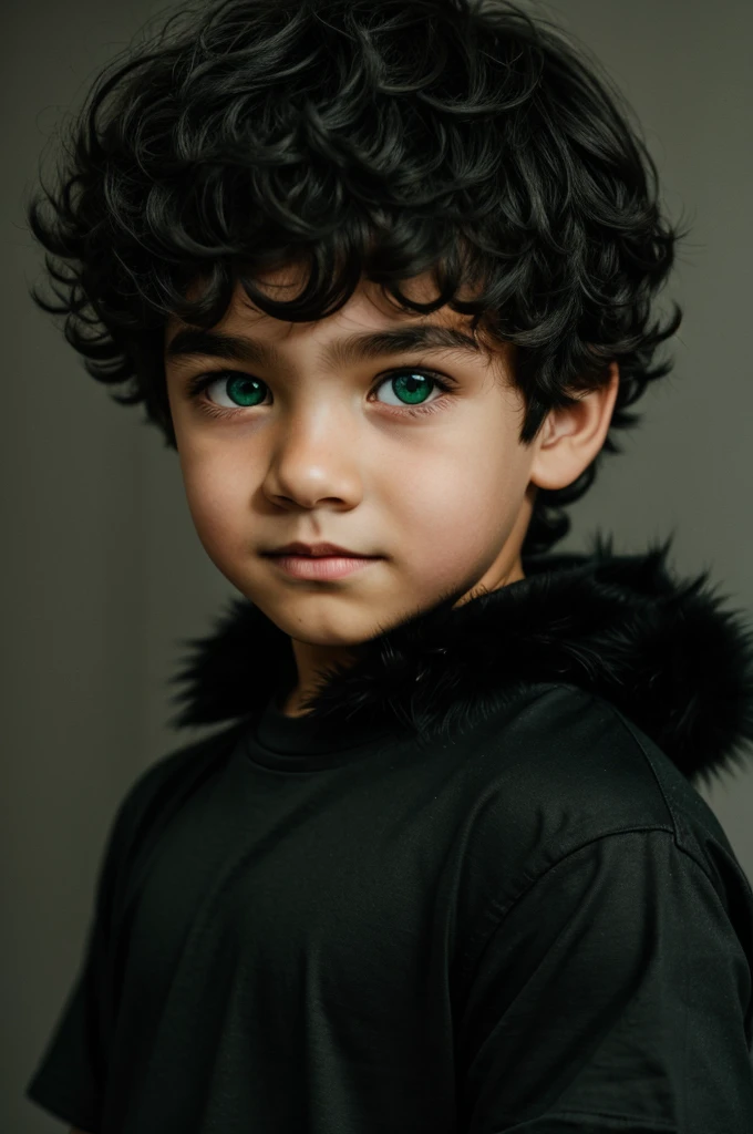 a boy with green eyes,black fur,with a big black t-shirt