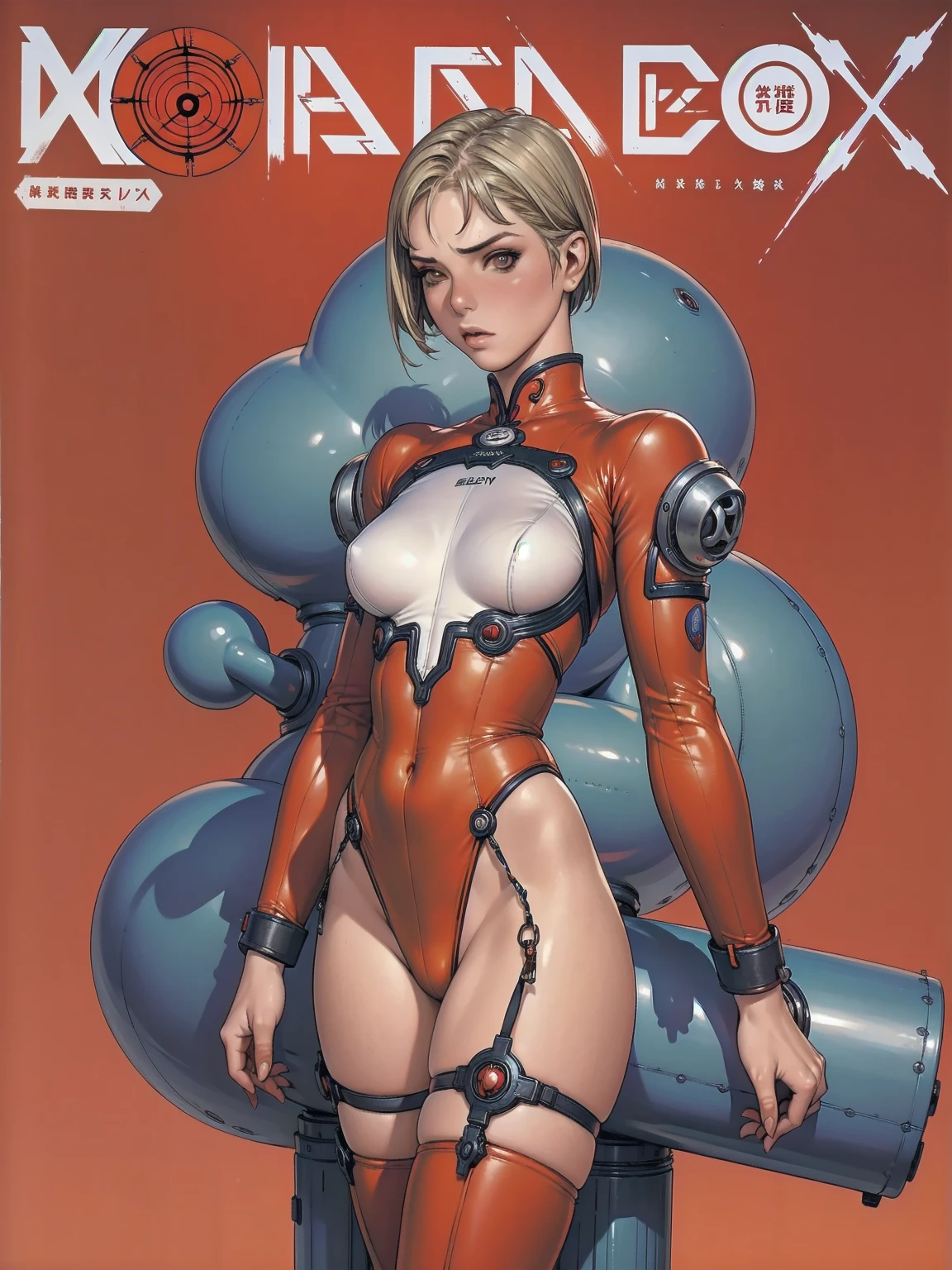 A athletic 25-year-old Russian warrior woman almost naked in the Simon Bisley style for the cover of Heavy Metal magazine, bare thighs, garter belt, super short blonde hair, Minimum clothing, red carbon fiber clothing in chevron pattern, ((((red clothing))), (((short-cut))), ((Annie Lennox)), (((mature woman))), cowboy shot, ((best qualityer)), (((clothes 100% light blue))), (((slim))), (Muscles), (((Red suit))), ((Perfect masterpiece)), (detailded: 1.4), (absurdrez), (((Bob Hair))), (((full body fitness, neckline showing part of the breasts)), (((short hair woman, blushful))), 21 year old woman, beautiful sexy woman, giant robot pilot, wild with perfect corpo fitness, wearing small mecha battle armor clothes, tiny thong, Simon Bisley styled for the cover of Heavy Metal magazine, clothing with Japanese cyberpunk graphic patterns, Halftone pattern and vertical stripes, earth tone, exiting the body of a giant robot
