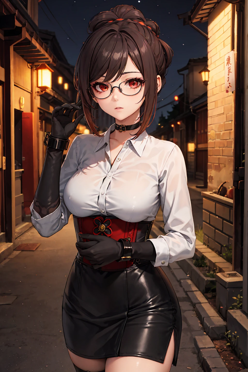 1 girl, Chiori \(genshin impact\), Alone, choker:1.6, White long sleeve shirt with long sleeve collar, black leather corset, black gloves that cover your hands, holding katanas with hands, shiny black tight mini skirt, shackles, glasses, looking at the viewer,, inside, depth of field, expressionless, alley, at night